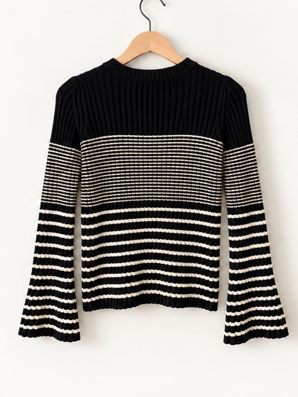 Proenza Schouler Silk Blend Black & Cream  Ribbed Bell Sleeve Crewneck Sweater - Picture 5 of 9